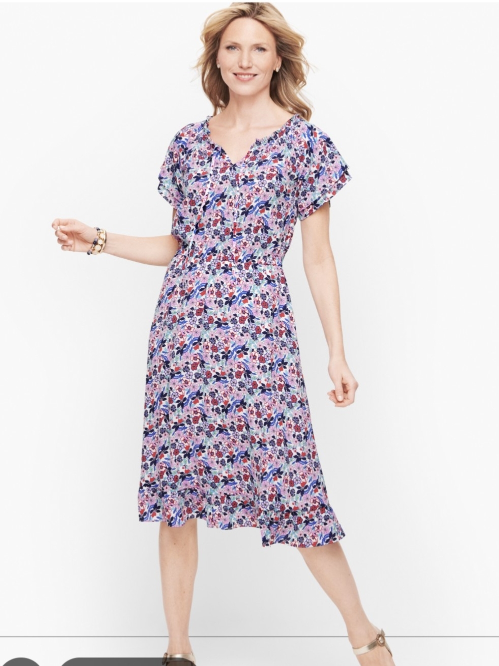 Talbots Paradise Floral Popover Dress Midi Flutter Sleeve V Neck Size 12